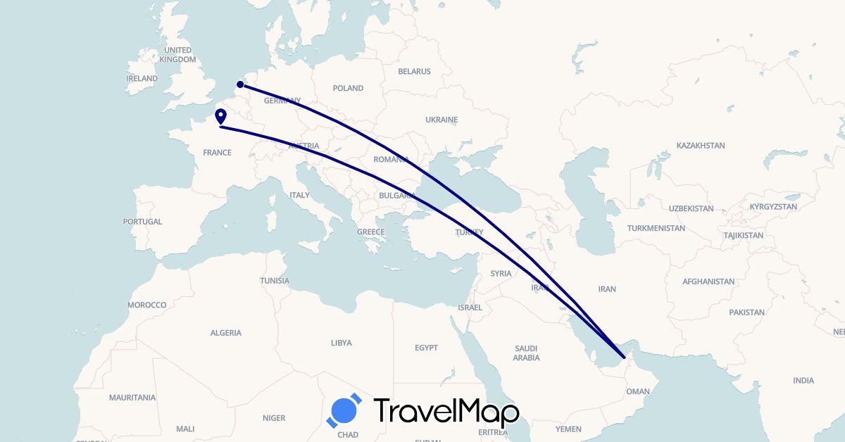 TravelMap itinerary: driving in United Arab Emirates, France, Netherlands (Asia, Europe)
